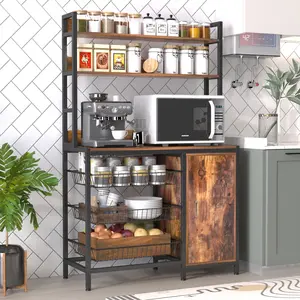 NAIYUFA Kitchen Bakers Rack Microwave Oven Stand Freestanding Storage Organizer with Hooks Cabinet Adjustable Fruits Shelf Tote Metal Large Capacity Industrial Style