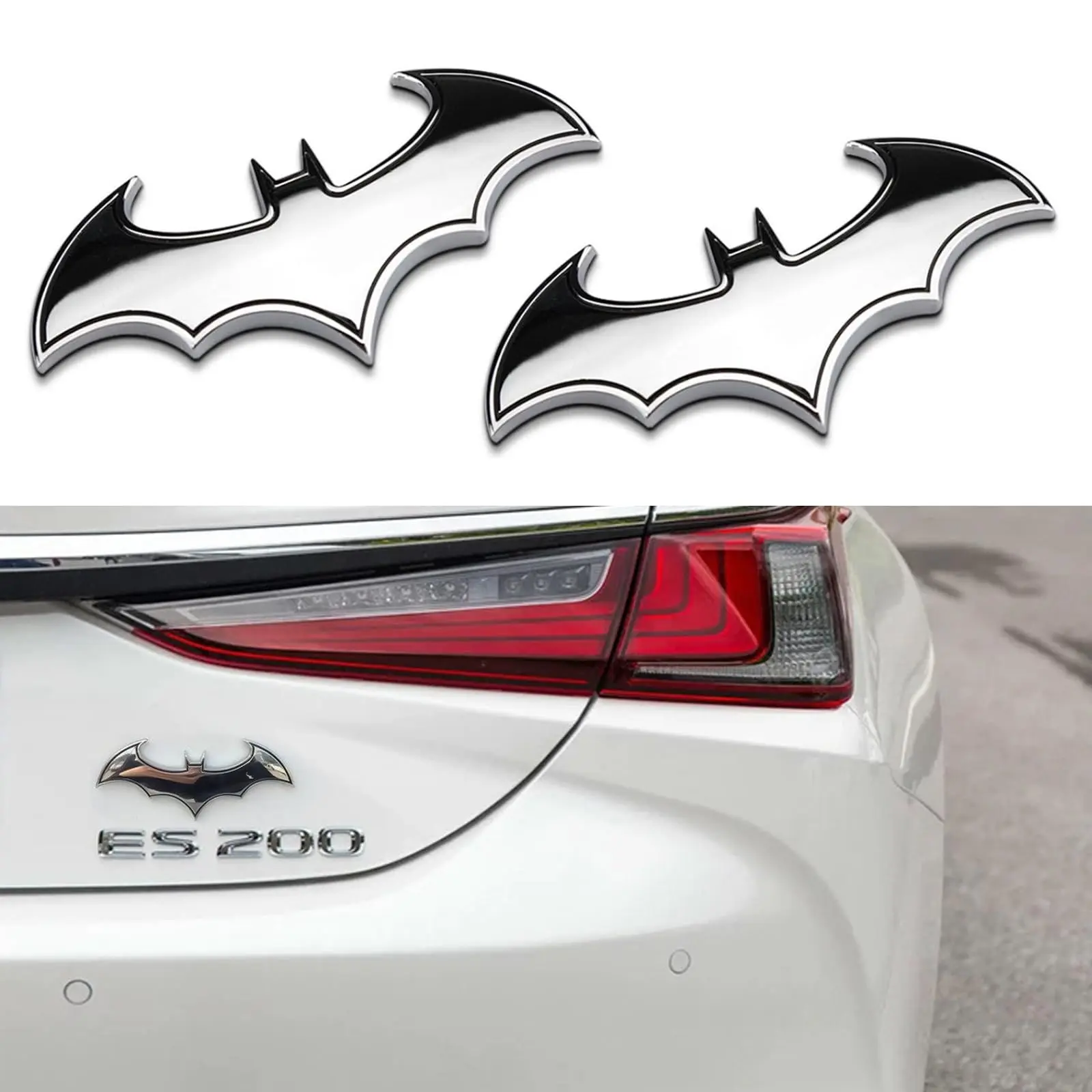 3D Metal Bat Emblem Stickers (2-Pack) - Silver，Durable Adhesive， 2-Piece Set