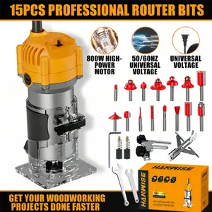 HANWISE Wood Router, 6.1Amp 800W Wood Routers For Woodworking, Hand Wood Router Tool, 35000R/MIN Compact Edge Trimmer With 15 1/4" Router Bit Set Slotting And Carving, Guide Accessories And Wrenches, Suitable For DIY, Carving And Edge Treatment