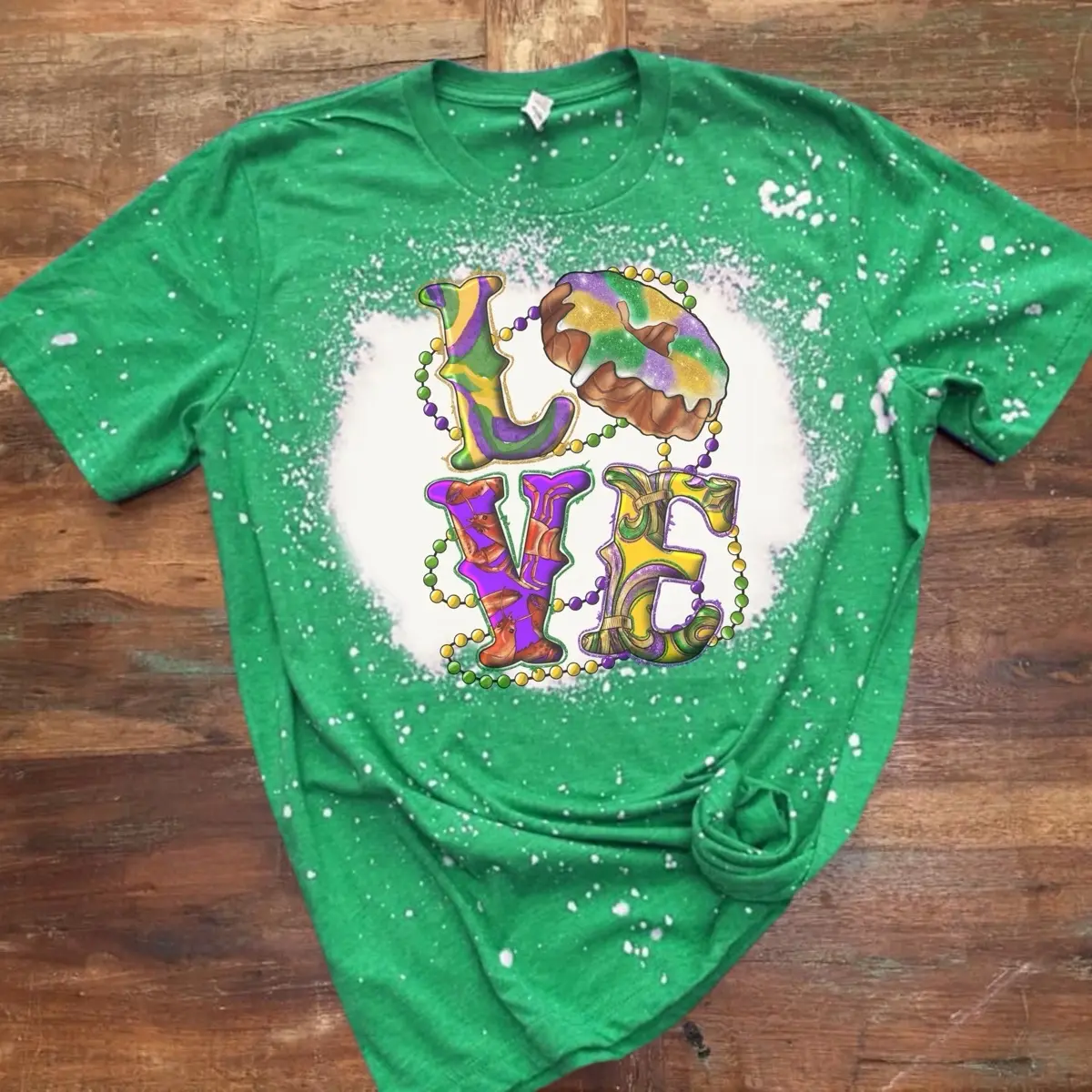 Love King Cake Bleached Shirt Women's Mardi Gras Vintage Round Neck Short-Sleeve T-Shirt - Bleached Sublimation, Soft Cotton Jersey, Comfy Unisex Menswear Top
