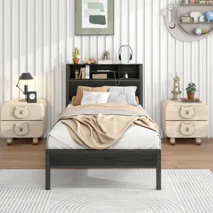 Twin Size Bed Frame with Storage Headboard, Metal Platform Bed with Charging Station, Bookcase Storage, No Box Spring Needed, Easy Assembly, Black-W840P241042