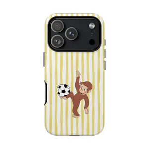 Curious George Cute Cartoon Monkey Playing Soccer Yellow Stripe Aesthetic Phone Case Funny Sport Animal Design Gift for Xmas for Her Him Kids Teens Magnetic Tough Cover for iPhone 17 Pro Max 16 15 14 Plus & Samsung Galaxy S25 S24 S23 S22 S21 Ultra