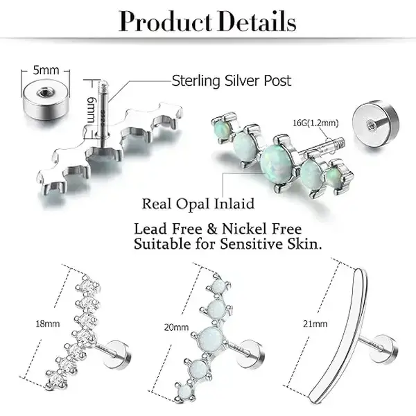 16G Pillar Cartilage Women's Earrings 18K White Gold Low Sensitivity Flat Back Earrings Opal CZ Earrings Cartilage Conch Spiral Perforated Jewelry 16G Pillar Cartilage Women's Earrings 18K White Gold Low Sensitivity Flat Back Earrings Opal CZ Earrings Cartilage Conch Spiral Perforated Jewelry