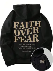Thick 270 Gram Brushed Fleece Christian Hoodie, Faith Over Fear Bible Verse Print Drawstring Sweatshirt, Inspirational Faith Pullover, Cozy Daily Wear For Fall Winter