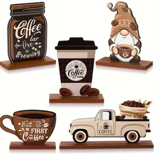 Wooden Coffee Sign Set, 5 Counts/set Coffee Themed Desktop Ornament, Coffee Bar Decor, Home Decor for Living Room Bedroom Coffee Shop