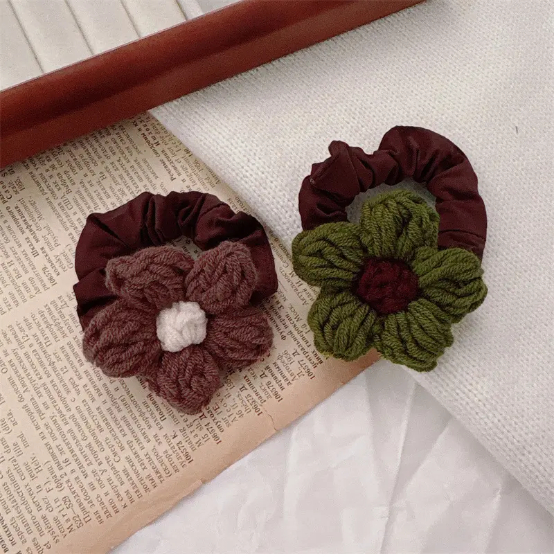 Knitted Wool Flower Scrunchies for Women, Vintage Fall Winter Dark Tone Satin Hair Ties, Cottagecore Aesthetic Soft Elastic Ponytail Bands Minimalist Warm Tone Hair Accessories