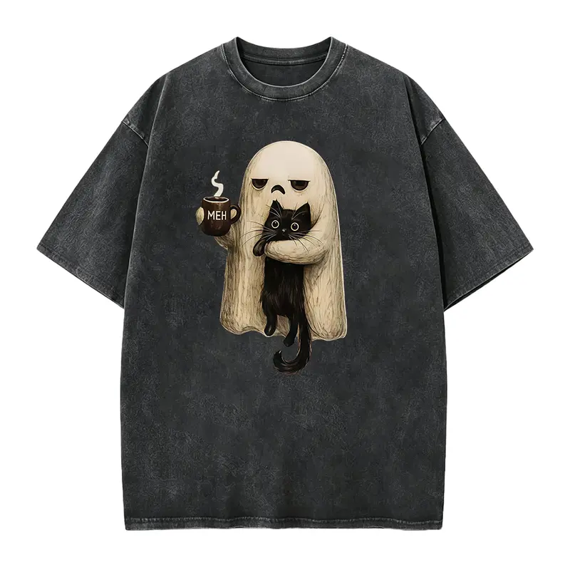 Ghost Cat Spooky Black Cat Funny Halloween Coffee Lover Shirt, Unisex Funny Halloween Shirt
