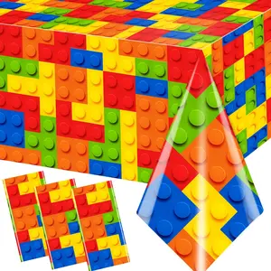 3pcs Waterproof Plastic Colorful Building Block Tablecloths Table Cover for Birthday Building Block Party Decoration Supplies