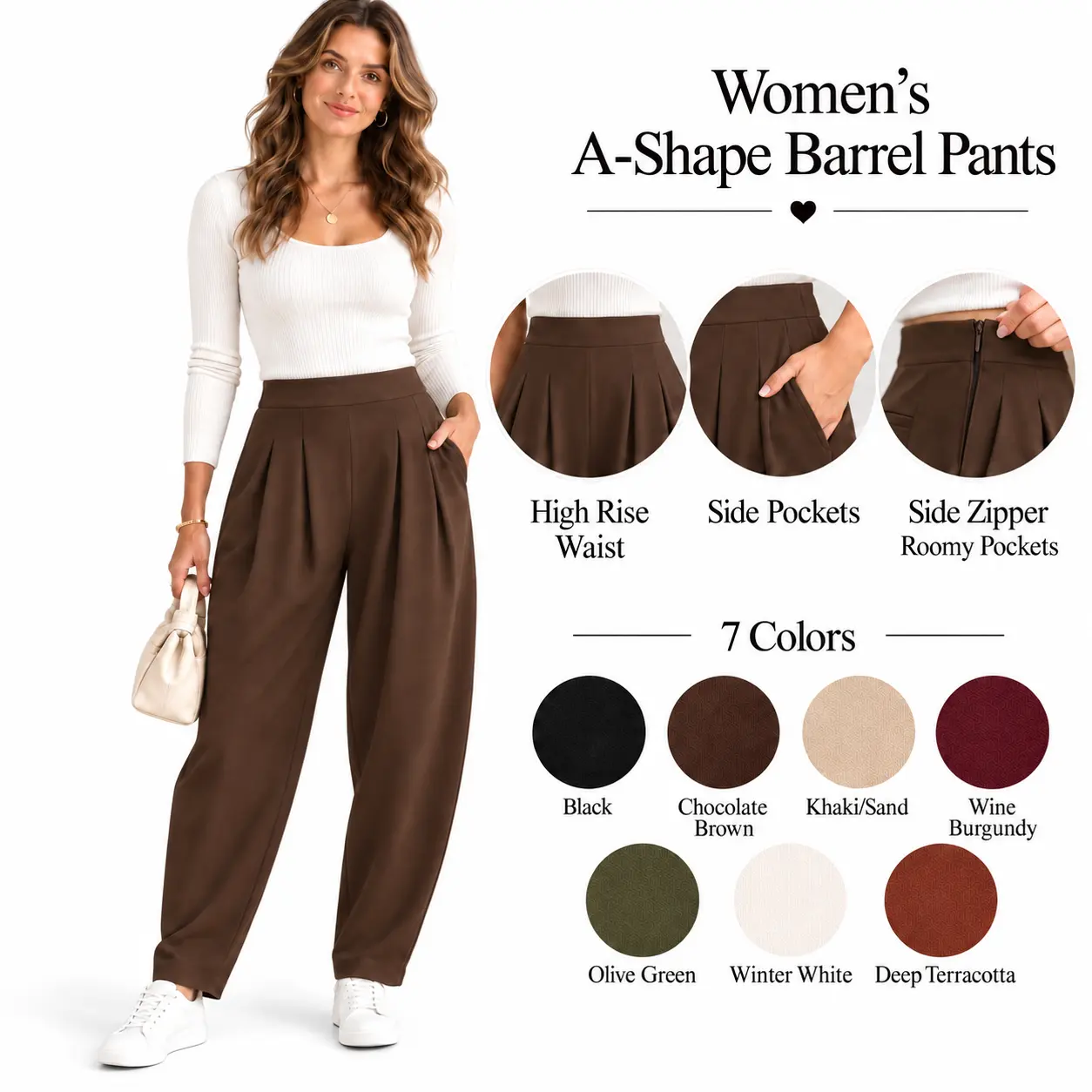 WIHOLL Women's High Waisted Barrel Pants, Soft Stretch Knit Pleated Trousers with Pockets, Relaxed Business Casual Work Pants