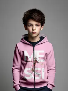 Boys Hooded Zipper Sweatshirt, Messi Print, Graphic Print Hoodie, Casual Fitted Style, Fall & Winter Fashion, All over Print, Youth Soccer Trend