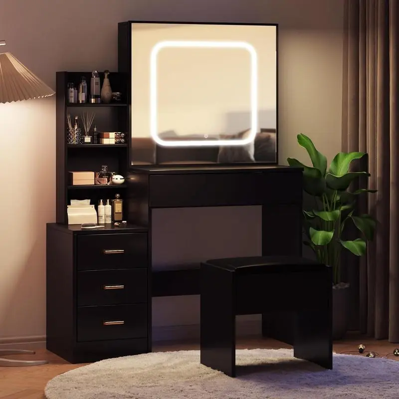 Gaomon LED Makeup Vanity Desk with Chair Set - Black Bedroom Storage, Touch Control Sliding Mirror, 3-Color Adjustable Lights, 4 Drawers, Power Outlet Charging Station with 2 USB Ports, Open Shelves for Skincare (for Mothers), Led Vanity Dresser, Mdf Wood