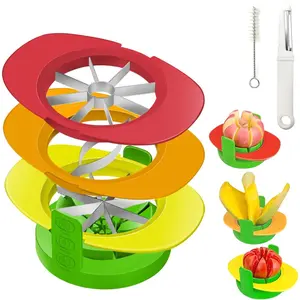 Fruit cutter, 4 in 1 apple slicer with vegetable peeler and cleaning brush, mango cutter, corer, remover for tomato wedges, stainless, heavy duty fruit and vegetable cutter, kitchen tool
