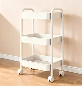 3 Tier Rolling Cart with Wheels White Utility Storage Cart with Handle & Mesh Baskets Lockable Caster Wheels Multi-Purpose Organizer Trolley for Kitchen Bathroom Office Classroom Dorm Salon Easy Assembly