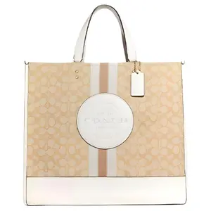 COACH Dempsey 40 Large Vertical Tote Bag for Women – Classic Monogram Jacquard with Refined Pebbled Leather, Light Khaki