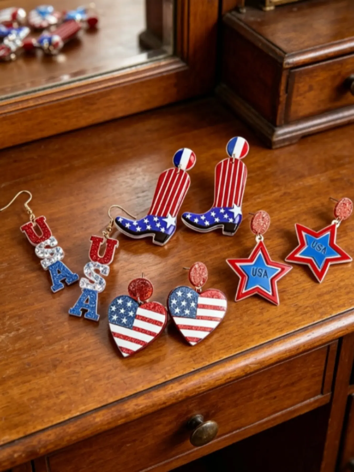 4 pairs Red, Silver & Blue Glitter Star Tassel Earrings, Casual, Patriotic, Memorial Day, 4th of July, Independence Day, Acrylic