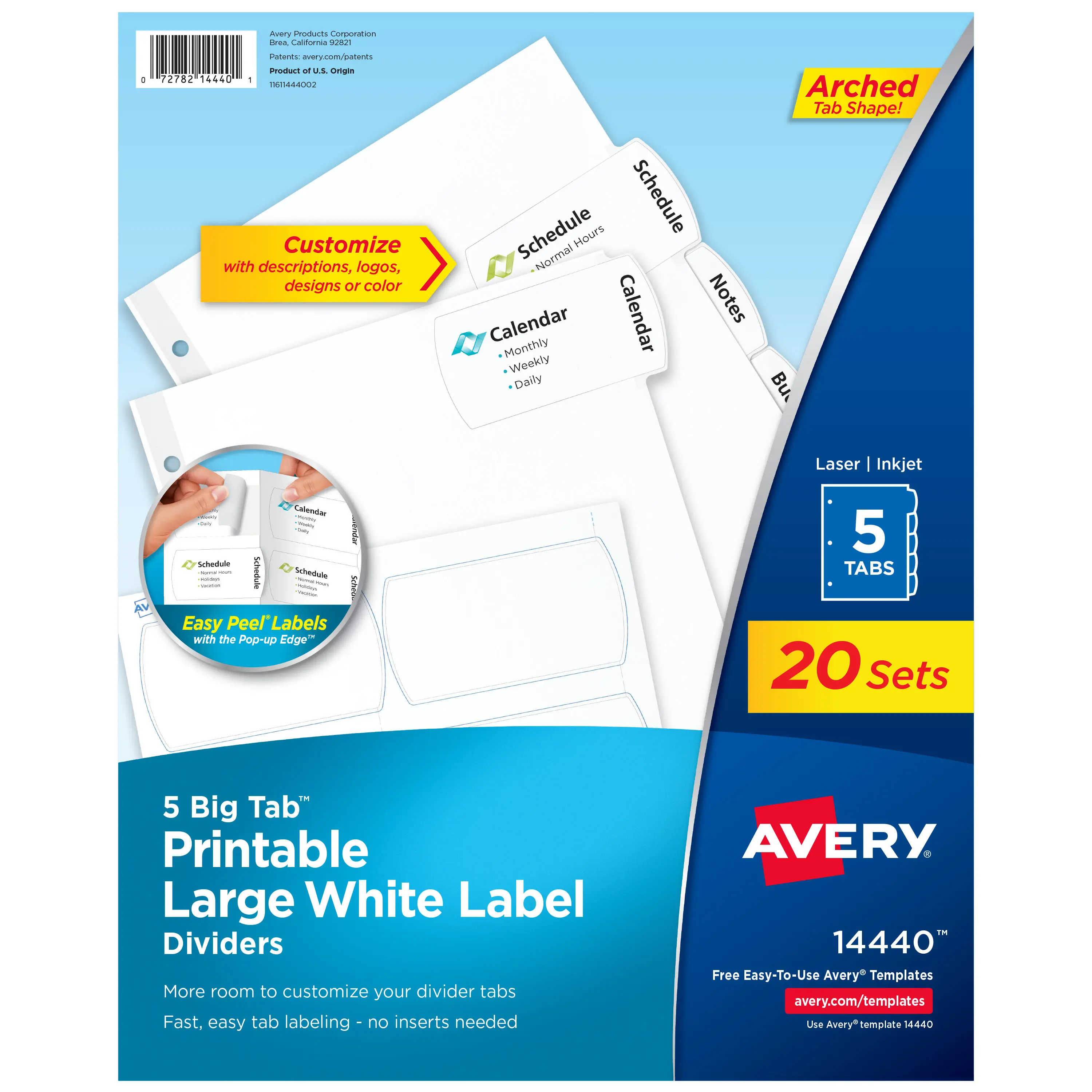 Avery Big Tab Printable Large White Label Dividers for 3 Ring Binders, 5 Tabs per Set, White (20 Sets of 14440), Binder Dividers With Tabs, File Dividers