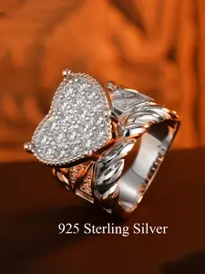 Women's Heart Design Cubic Zirconia Ring, 925 Silver Color Jewelry, Full Zirconia Inlay, Perfect Gift for Valentine's Day & Daily Wear