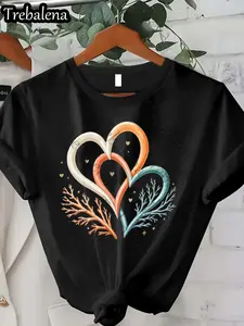 Plus Size, Trebalena Women's Plus Size Coral & Teal Heart Coral Print T-Shirt - Casual Streetwear Short Sleeve Round Neck Top, Breathable Fabric for Spring Summer Fall, Machine Washable, Seasonal Fashion, Comfortable Fit