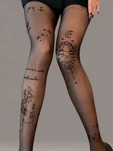 Women's Lotus Pattern Tight Pants, Fashion Plus Size Socks, Thigh Highs, Versatile High Waist Leggings, Comfortable Elastic Fabric, Perfect for Daily, Floral