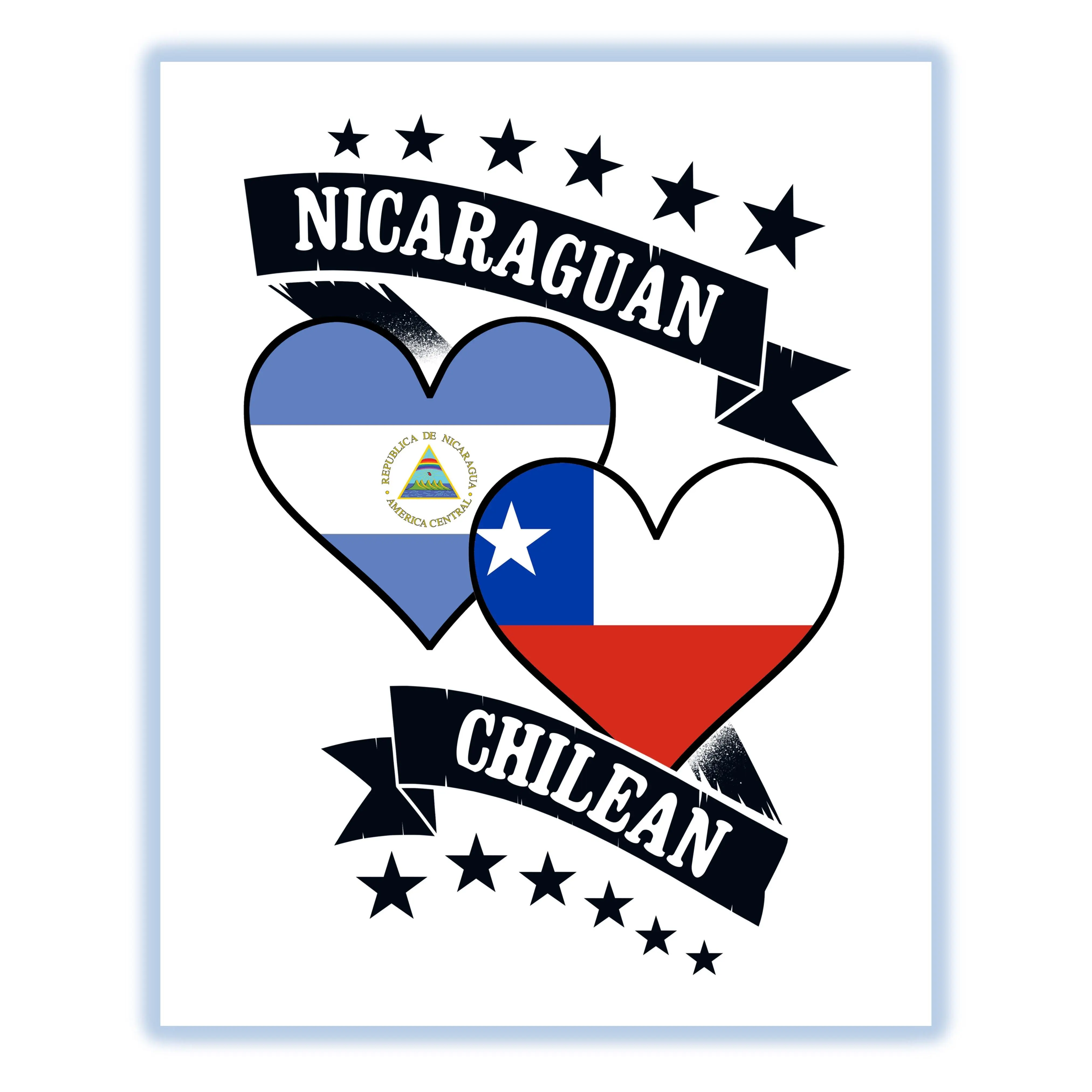 Nicaraguan Chilean Heart Flags Nicaragua Chile 8"x10" Wall Art Print