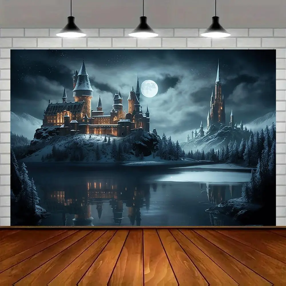 1pc Soft Durable Polyester 2D Flat Castlecore Throw Banner - Glam Look Indoor Enchanted Fantasy Decor, Castle Scene, Snow-Capped Castles, Moonlit Sky, Reflective Waters for Home, Party Ornaments (White)