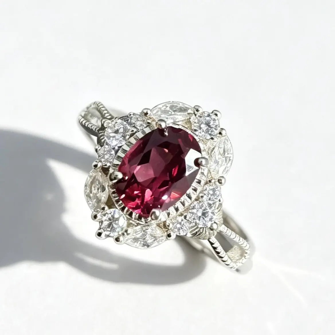 8×6mm Oval Garnet Halo Ring 925 Sterling Silver Adjustable | Natural Red Garnet CZ Statement Ring