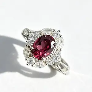 8×6mm Oval Garnet Halo Ring 925 Sterling Silver Adjustable | Natural Red Garnet CZ Statement Ring