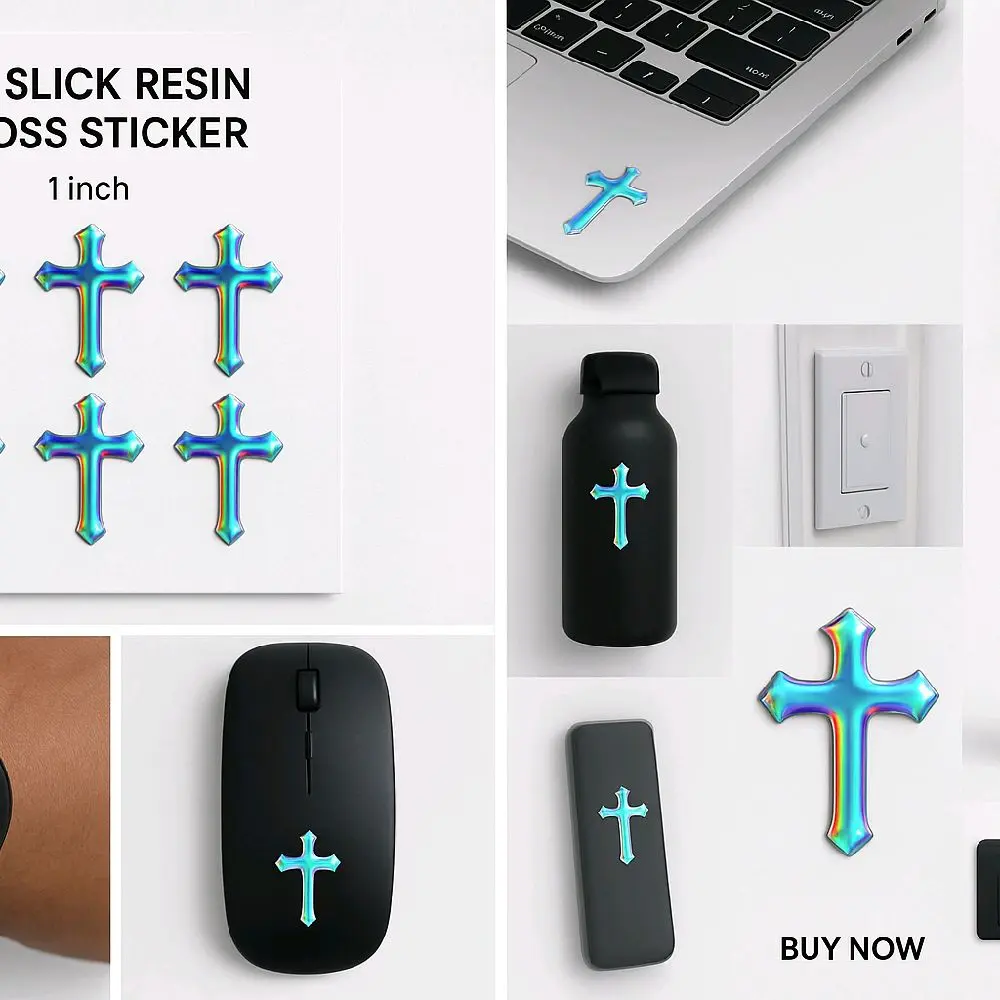 Oil Slick Mini Religious Cross Decals 1-inch Resin Holographic Chrome Stickers for Laptop Mouse & Water Bottle