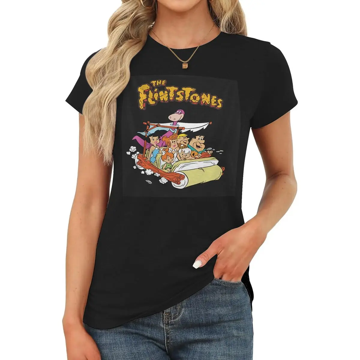 Women's Flintstones Graphic Fitted Baby Tee, Short Sleeve Round Neck Cotton Crop Top for Casual Wear & Birthday Parties, Teacher, Party, Thanksgiving, Easter, Business, Outdoors, Simple Chic, Flintstones Print, Shortsleeve, Cute, Tshirt