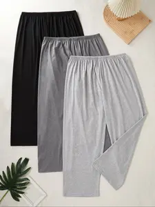 Women's Plus Size Plain Wide Leg Pants, Simple Minimalist Design, Ultra Comfortable Skin-Friendly Home Clothing, Loungewear, Lounge Pajamas, Casual Pajama Set, 3 Piece Set
