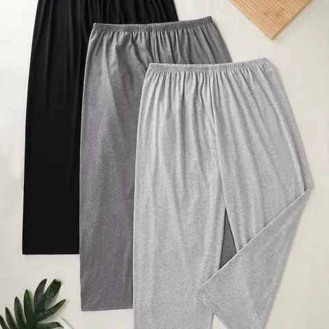 Women's Plus Size Plain Wide Leg Pants, Simple Minimalist Design, Ultra Comfortable Skin-Friendly Home Clothing, Lounge Clothes, Loungewear, Casual Sleepwear, Soft Knit Pajama, Lounge Pajamas, Casual Pajama Set, 3 Piece Set, Lounge Pjs Set
