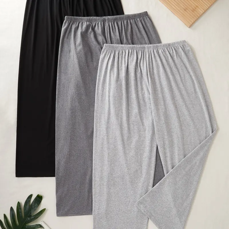 Women's Plus Size Plain Wide Leg Pants, Simple Minimalist Design, Ultra Comfortable Skin-Friendly Home Clothing, Lounge Clothes, Loungewear, Casual Sleepwear, Soft Knit Pajama, Lounge Pajamas, Casual Pajama Set, 3 Piece Set, Lounge Pjs Set