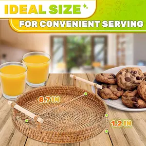 Rattan Tray 8.7-Inch Round Serving Tray Decorative Trays for Coffee Table Decorative Tray | Woven Tray for Bread, Wicker Tray Coffee Table Basket Tray with Handles for Fruit Vegetables Restaurant