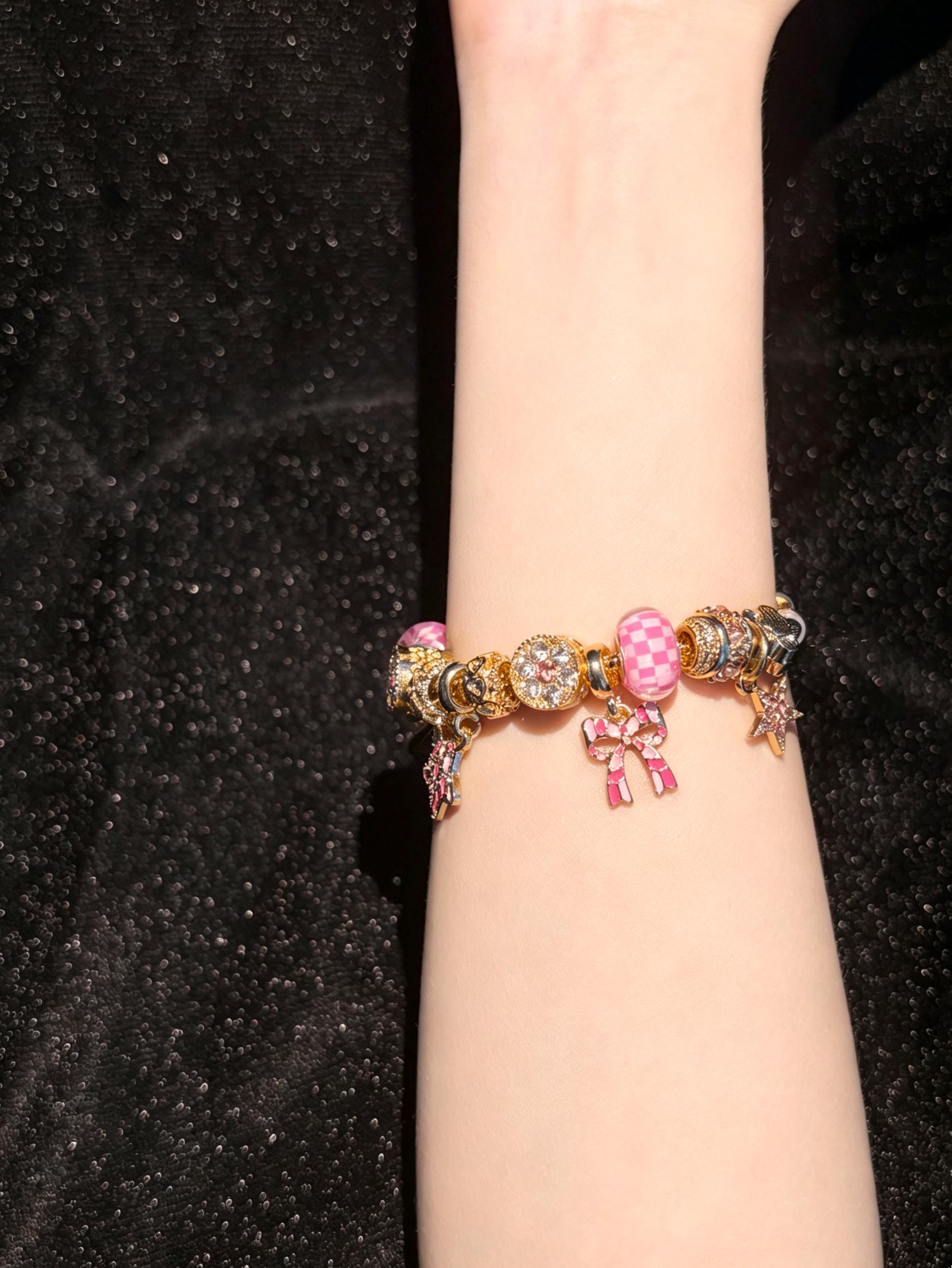 Women's Gold-Tone Pink Enamel Beaded Charm Bracelet with Bow, Star, Heart Accents - Sweet Girly Costume Jewelry Gift