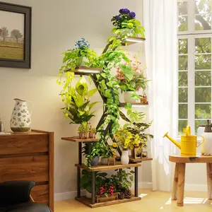 Black Plant Shelves with Grow Lights: 7-Tier 65" Tall Modern Plant Stand for Indoor Corners, Living Room Display or Bedroom Gardening Rack