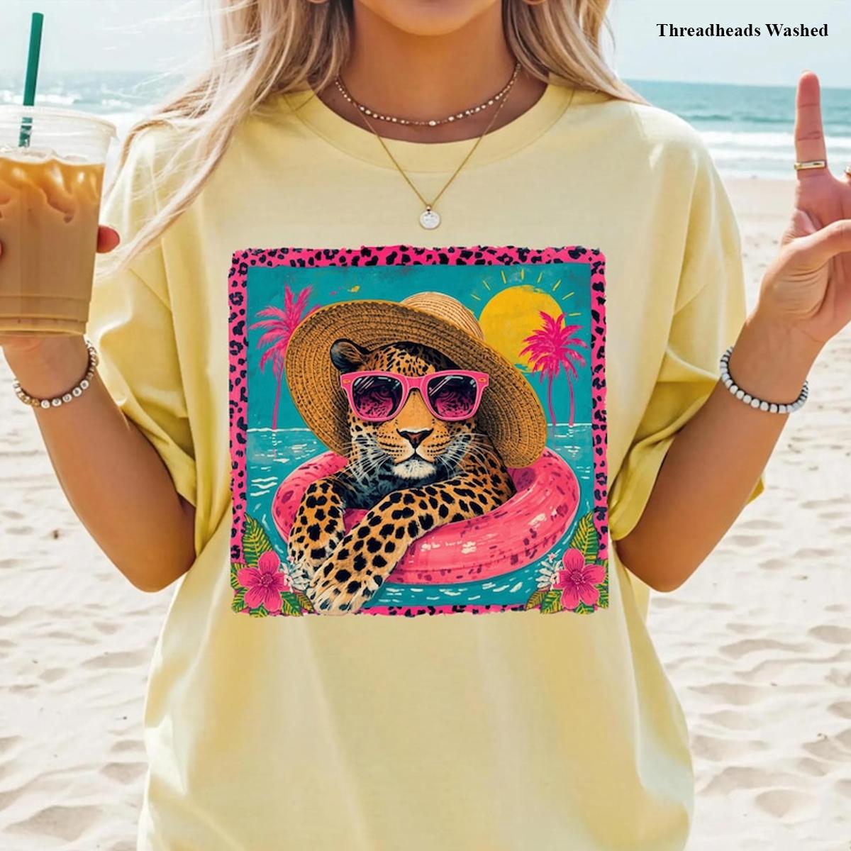 Comfort Colors Preppy Summer Tee, Retro Leopard Graphic Tee, Coquette Beach T-Shirt, Girly Tropical Apparel, Graphic Tees Women Top Womenswear Gift for Her