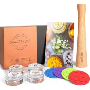Complete Mason Jar Fermentation Kit - 9 count Starter Set with Fermentation , Glass Weights, Wooden Tamper & Recipe Book - Wide Mouth Fermenter for Sauerkraut, Kimchi, Pickles & Probiotics
