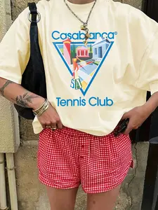 Women's Casablanca Tennis Club Printed Round Neck Short Sleeve T-Shirt, Comfortable Casual Wear, Perfect for Spring & Summer