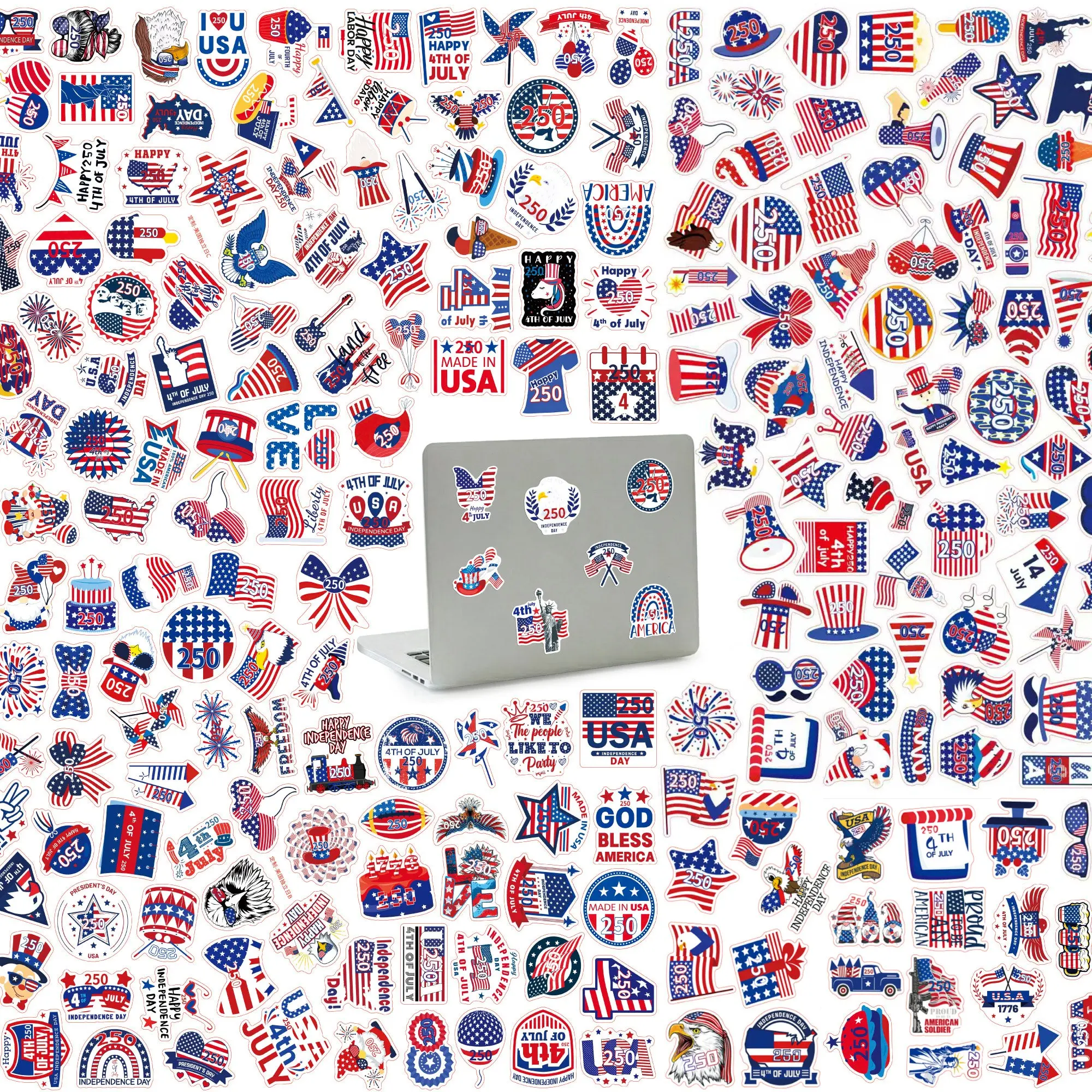 Patriotic USA Theme Vinyl Stickers for Kids Ages 3+, 250-Pack Waterproof Stickers for Classrooms, Notebooks, America's 250-Year Milestone