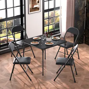 VECELO Five-piece 34-inch Folding Card Table and Chairs with Black PU Cushioned Tabletop, Portable and Multi-purpose for Indoor/Outdoor, Home, Party, Picnic, Game