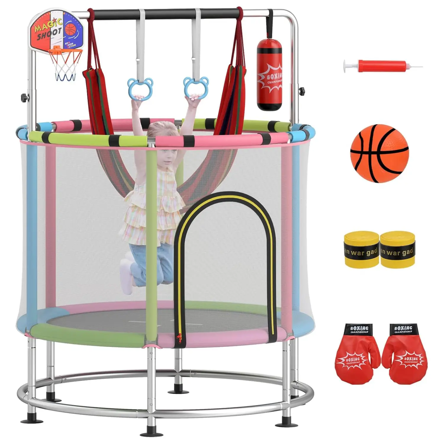 Costzon 55"/60" Trampoline for Kids, 6 in 1 Toddler Rebounder with Swing, Basketball Hoop, Punching Bag, Rings & Bar, No-Gap Jumping Mat, Easy to Ass