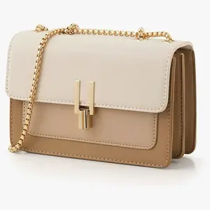 Women's Crossbody Bag in Tan and Cream, Featuring Gold Accents, Dual Flap Closure & Chain Strap