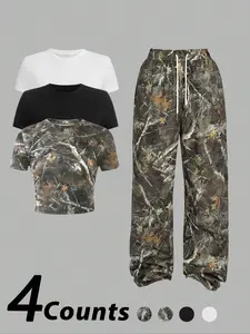 Women's Camo Print Crop Round Neck Tee & Overlap Waist Wide Leg Pants Set, Casual Short Sleeve T-shirt & Trousers for Daily Wear, Ladies Summer Clothes, Clothing, Womenswear