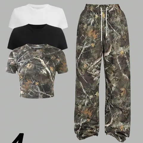 Women's Camo Print Crop Round Neck Tee & Overlap Waist Wide Leg Pants Set, Casual Streetwear Set, Casual Slim Short Sleeve T-shirt & Trousers for Daily Wear, Ladies Summer Clothes, Clothing, Womenswear, Cropped Top Set, Casual Fashion Set