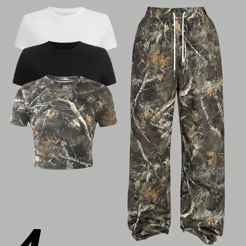Women's Camo Print Crop Round Neck Tee & Overlap Waist Wide Leg Pants Set, Casual Streetwear Set, Casual Slim Short Sleeve T-shirt & Trousers for Daily Wear, Ladies Summer Clothes, Clothing, Womenswear, Cropped Top Set, Casual Fashion Set
