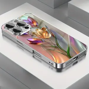 Beautiful Colorful Artistic 3D Tulip Pattern Electroplated Glass Phone Case with Lens Protection for 17ProMax/iPhone 16/16Pro/16ProMax/16Plus/15/15Plus/15Pro/15ProMax, 14/14Plus/14Pro/14ProMax, 13/13Pro/13ProMax, 12/12Pro/12ProMax, 11/11Pro/11ProMax