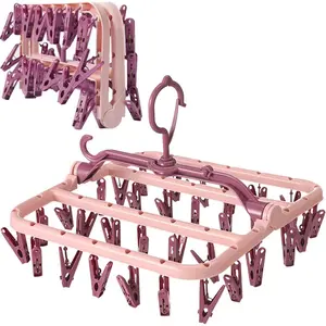Clothes Drying Racks Foldable Clip Hangers Plastic with 32 Drying Clips Wind-Proof Hook Underwear Hanger for Socks Bras ()