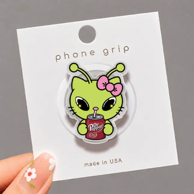Kawaii Alien Cat Phone Grip, Cute Soda Can Phone Holder, Green Kitty Phone Stand, Pink Bow Phone Accessory, Girly Aesthetic Gift