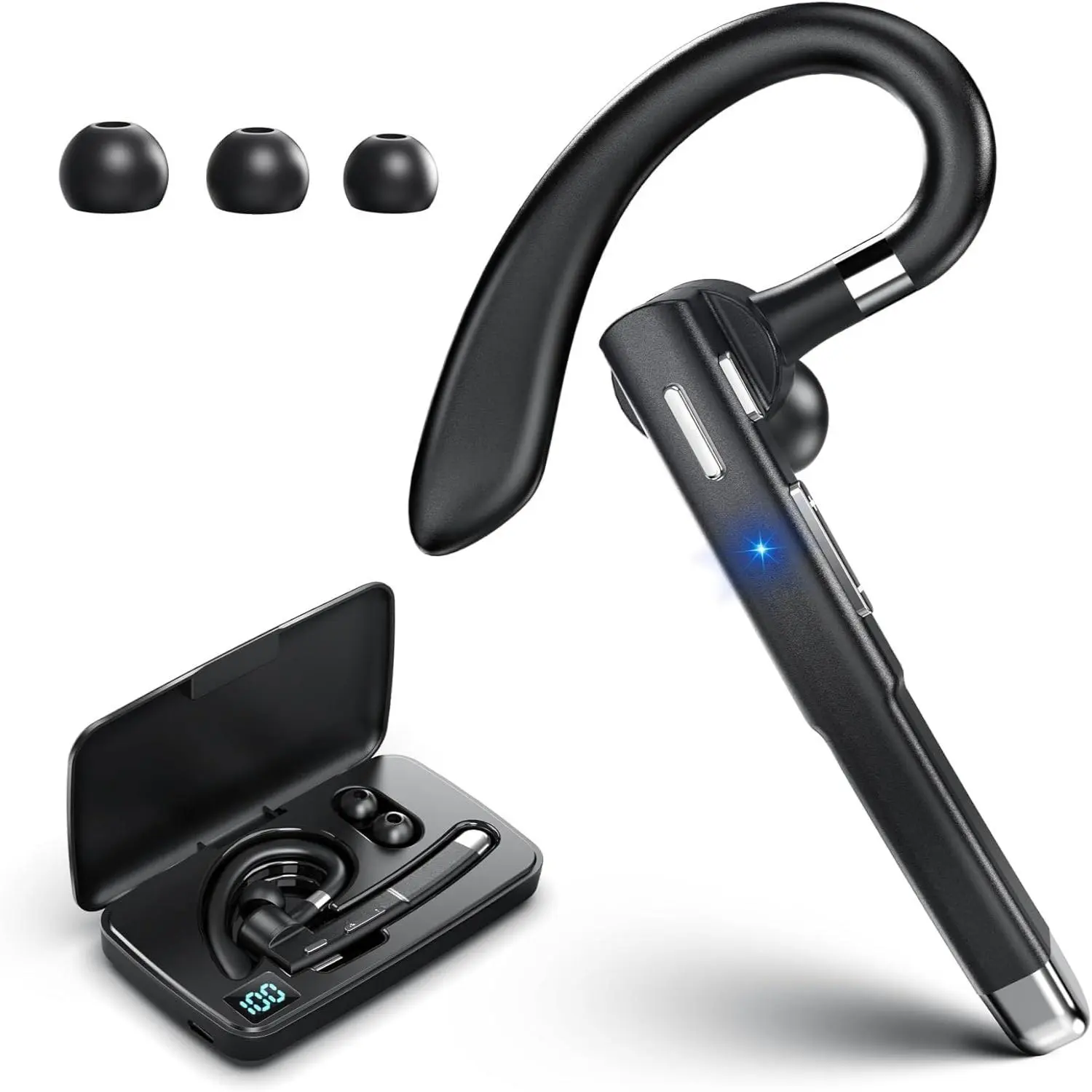 Bluetooth earphones, single ear business earphones, driving earphones with LED digital display charging case, suitable for incoming work Audio Headset