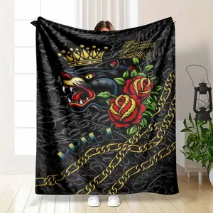3dED HARDY Tattoo Black Panther Skull Blanket Living Room Bedroom Sofa Soft and Comfortable Warm Blanket Office Leisure Blanket